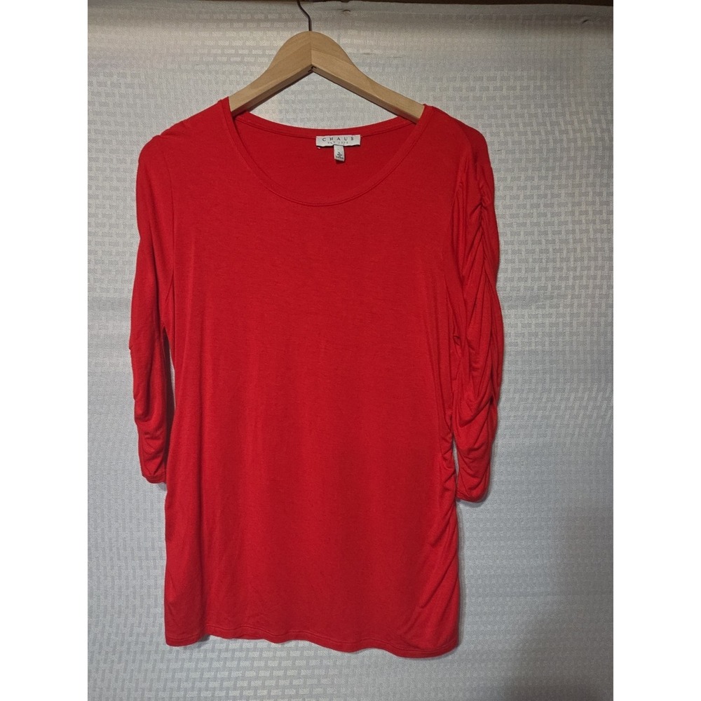 Chaus New York Womens Red Large L Ruched 3/4 Sleeve And Sides Stretch Blouse....